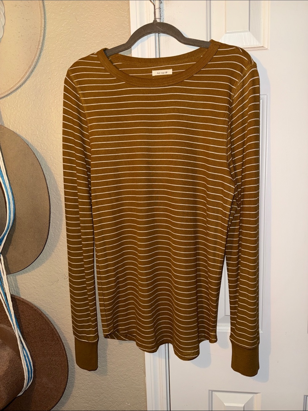 Thread & Supply NWT Striped Long Sleeve Crewneck Top Brown Large